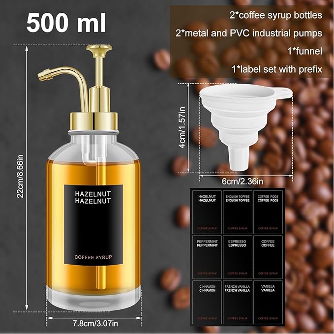 Coffee Syrup Dispenser 500ml Glass Bottle Stainless Steel Pump 2PCS Set - Drip Free Design Multi Purpose Use for Kitchen and Bathroom