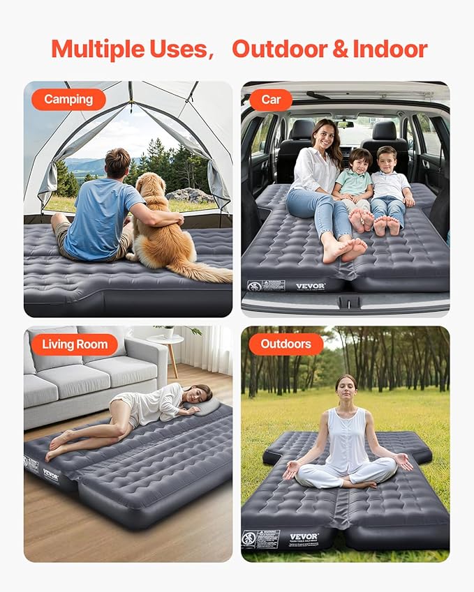 VEVOR Car Air Mattress Inflatable Car Camping Mattress Oxford Thickened Travel Beds Comfortable and Durable Portable Sleeping Pad with Air Pump Nozzle Carry Bag Fits Most SUV MPV Sedan Gray