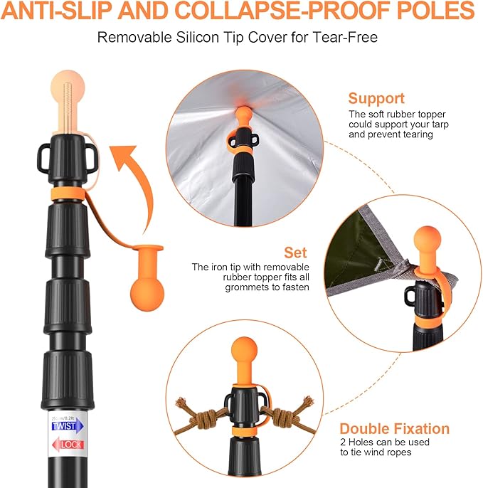 CAMULAND Tent Poles Heavy Duty Tarp Poles Canopy Poles Aluminum Tent Poles with Non-Slip Cone Bottom Adjustable Telescoping Tarp Poles