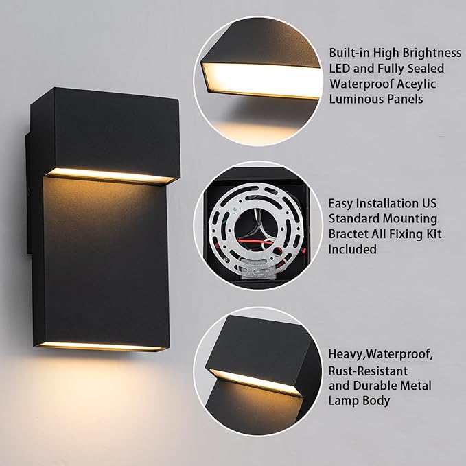 Outdoor Wall Lights Modern LED Exterior Lighting Fixtures 3000K 15W Outdoor Wall Sconce for Porch Matte Black Outside Wall Mount Lights for Front Door House Garage Indoor.