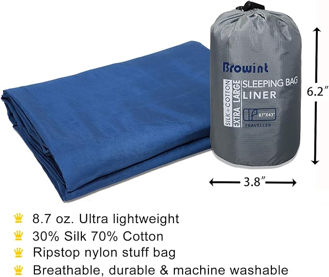 Browint Silk/Cotton Travel Sheet with Double Zippers 87x43 Extra Wide Sleep Sack for Hotels Lightweight Sleeping Bag Liner for Camping Traveler Rectangular with Pillow Pocket …
