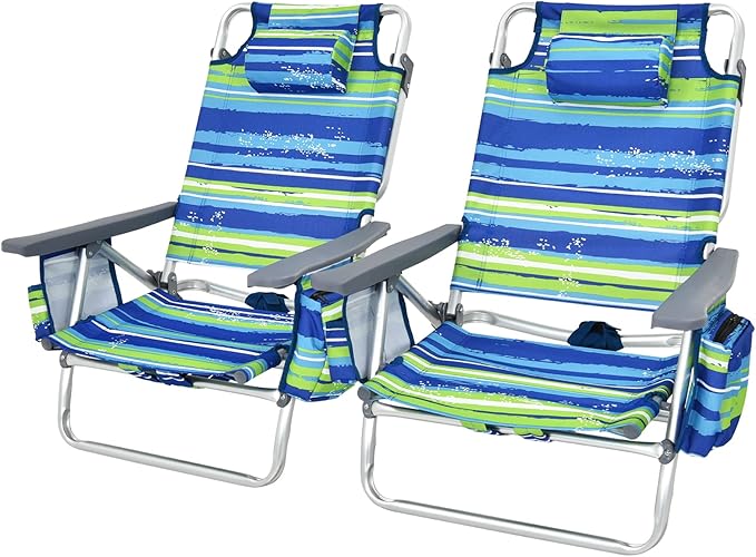 Tangkula Set of 2 Backpack Beach Chair 5-Position Lay Flat Beach Chairs with Cooler Bag 2 Cup Holders Towel Bar Lightweight Folding Beach Chair with Backpack Straps