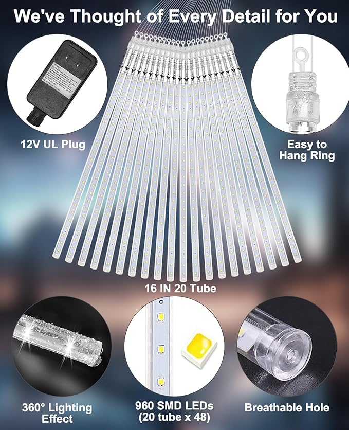 Christmas Lights Outdoor 16 Inch 20 Tubes Meteor Shower Rain Light Waterproof Falling Icicle String Lighting for Xmas Tree Yard House DecorShine White