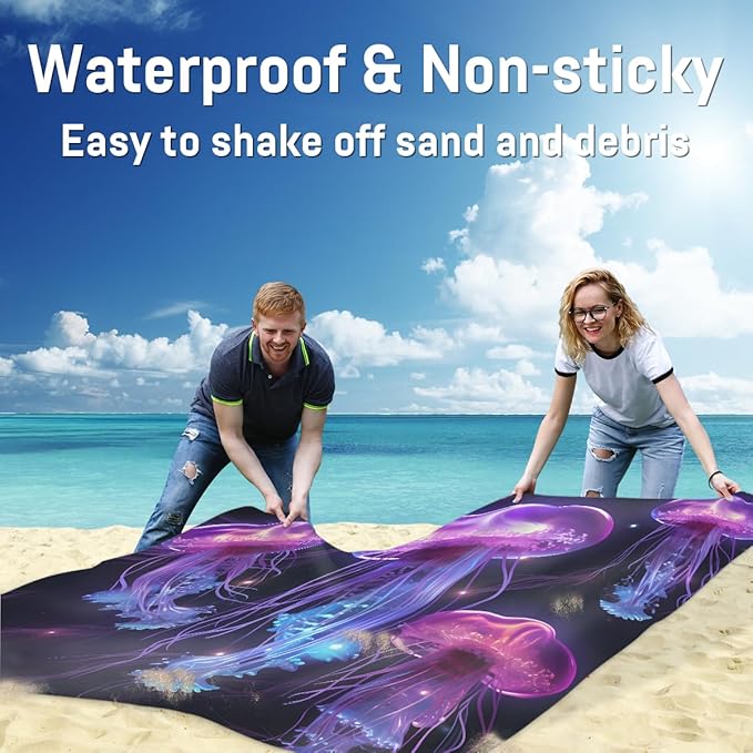 Waterproof Sandproof Beach Blanket 59''×68'' Oceans Polyester Outdoor Picnic Blanket with 4 Stakes &amp Storage Bag for BeachCampingVacation Medusa