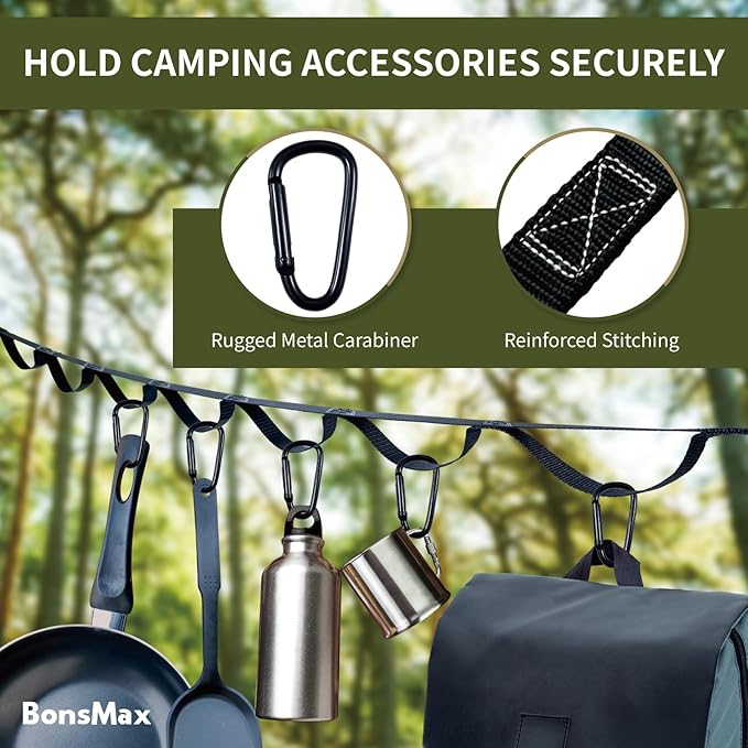 Camping Storage Strap Organizer for Campsite Backyard Garage Cam Buckle Strap with 15 Loops and 10 Carabiners RV Camping Tent Hanging Gear (Camo)