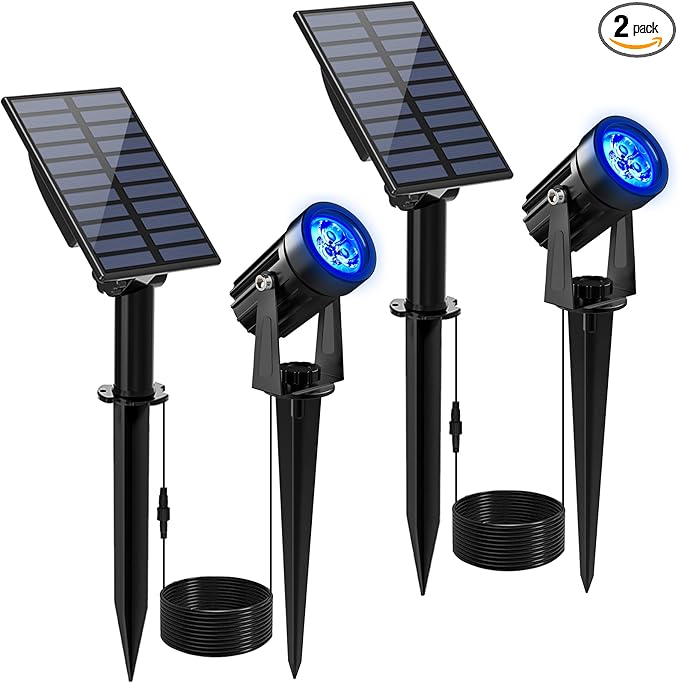 Blue Solar Spot Lights Outdoor2 Pack Solar Landscape Spotlights IP65 Waterproof 9.8ft Cable Auto On/Off Outdoor Wall Lights for Garden Yard Driveway Porch Walkway Pool (1-in-1)