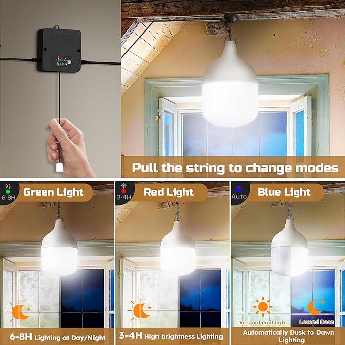 Solar Shed Light Indoor Outdoor 2200LM Pendant Light Daytime Available with Pull String Dusk to Dawn Solar Indoor Lights 3 Lighting Modes IP65 Waterproof for Barn Gazebo Shop Garage