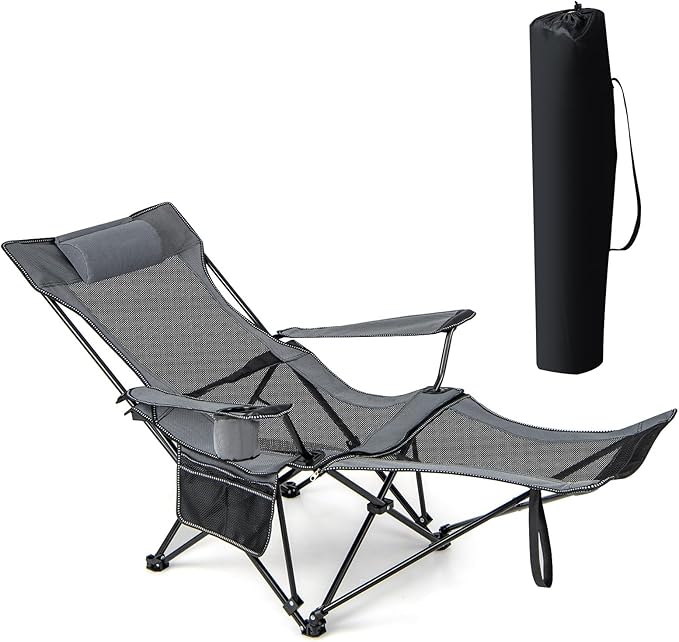 GYMAX Camping Chair Adjustable Reclining Lounge Chair w/Removable Footrest Padded Pillow Cup Holder &amp Side Pocket Folding Camping Mesh Chair w/Carry Bag for Outdoor Patio Lakeside (1 Grey)