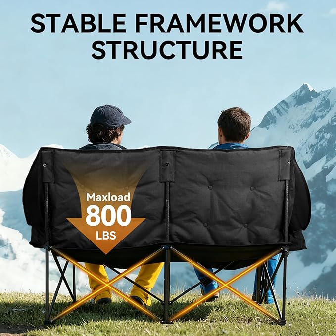 Double Camping Chair Padded Camping Chairs Heavy Duty 2 Person Camping Chair Oversized Loveseat Camping Chair with Cup Holders Camping Couch Support 800LBSBlack