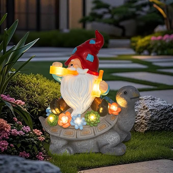 Gnome Garden Decor Statue with Solar Light Lantern Turtle with Succulent Birthday Gifts for Women Mom Grandma Funny Waterproof Resin Figurine Outdoor Decorations for Yard Patio Lawn Balcony Porch
