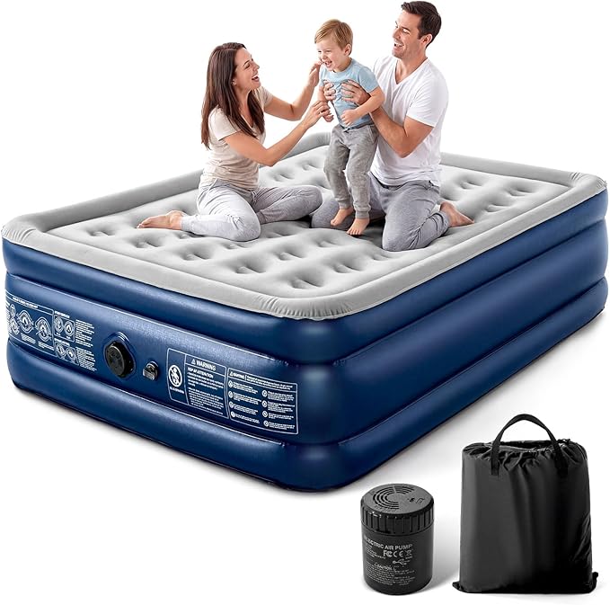 Lamberia Air Mattress with Built in 2 Purpose Pump 18 Raised 660lbs Max Comfort Inflatable Mattress Blow up Mattress Portable Air Bed for Camping Guests Home Colchon(Blue GreyQueen)