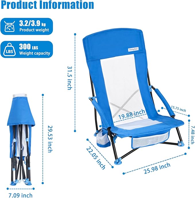 SUNNYFEEL Folding Beach Chair High Back Beach Chairs for Adults Lightweight Portable Camp Chair 300lbs Heavy Duty with Carry Bag Mesh Back Cup Holder for Outdoor Travel Picnic Concert Blue