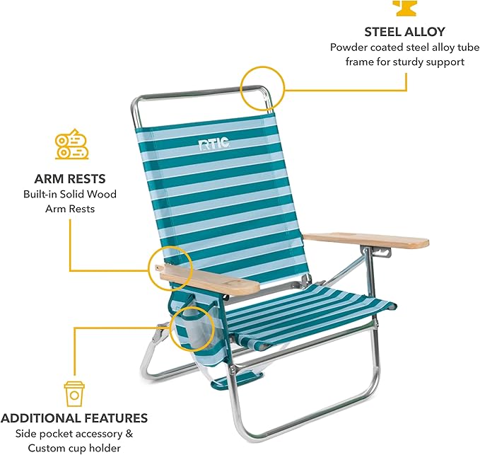 RTIC Beach Chair Folding Lounge Reclining Portable High Back Chairs for Adults Camping Pool with Cup and Accessory Holder Padre Island