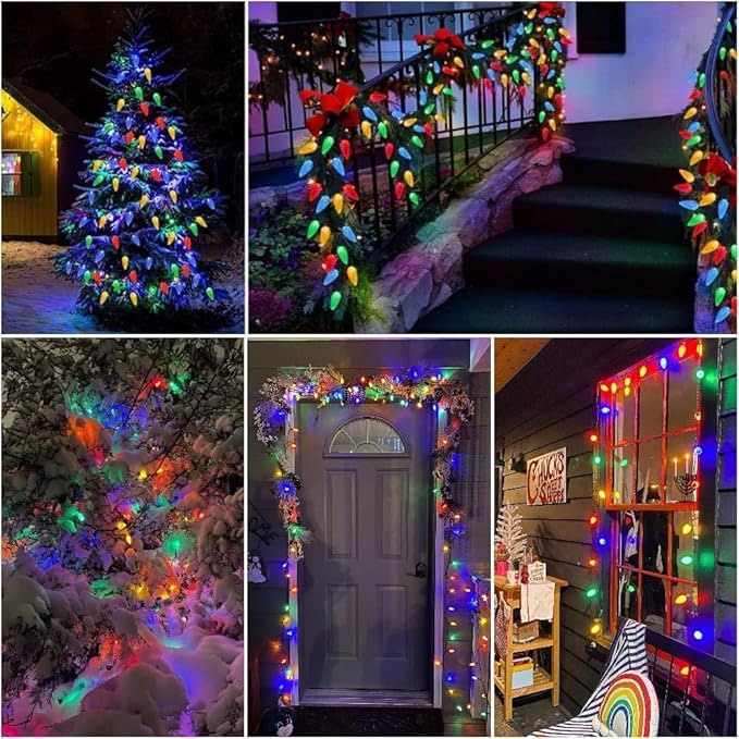 50LED C6 Christmas Lights Battery Operated 16.4FT C6 Christmas Lights Battery Powered with Timer 8 Modes Waterproof for Outdoor Garden Patio Indoor Xmas Tree Bedroom Party Multi-Color