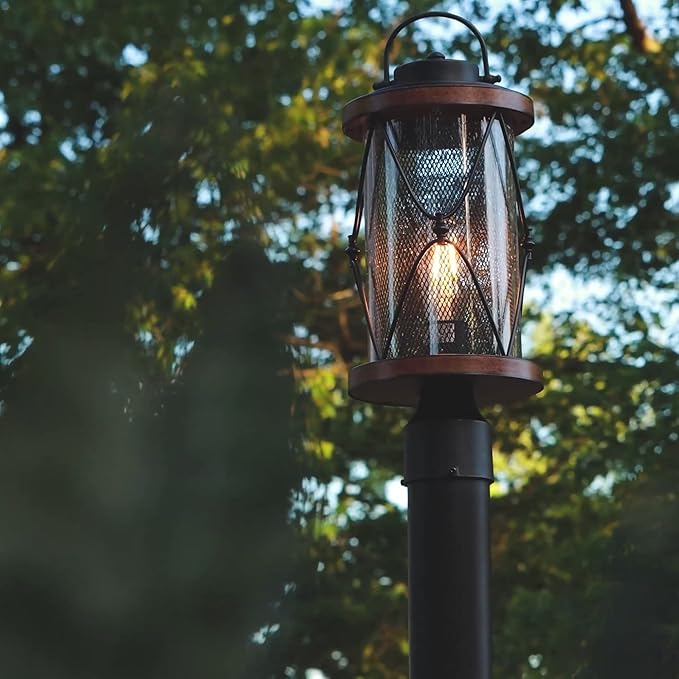 Inlight 17’’ High Farmhouse 1-Light Outdoor Post Mount LightClear Seeded Glass Shade and Meshed Metal Matte Black and Barnwood Finish Hardwired Lantern Head Bulb Not Included IN-0645-1-BK