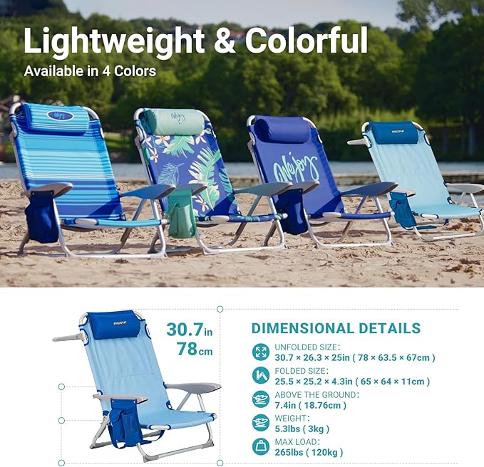 #WEJOY Folding Beach Chair for Adults 4-Position Lightweight Beach Chair Low Beach Chairs with Shoulder Strap Cup Holder and Headrest Supports 265lbs for Beach Lawn (Blue 2Pack)