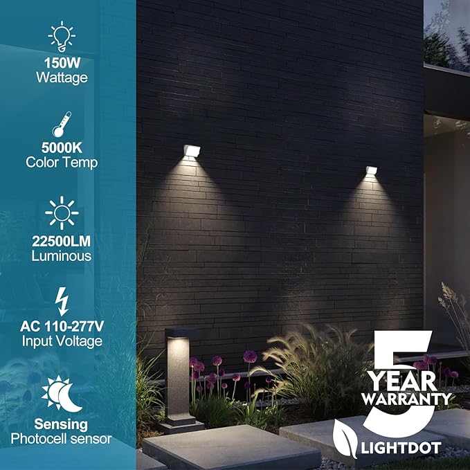 Lightdot 6Pack 150W LED Wall Pack Lights 100-277v Dusk to Dawn with Photocell 22500Lm 5000K Daylight IP65 Outdoor Security Lighting for WarehouseBuildingYardFactoryGarage ETL(Height:10~20ft)