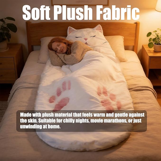 Cat Shaped Plush Sleeping Bag for Adults 69 Foldable Cat Envelope Style Lounge Blanket Soft and Washable Easy in and Out for Camping Travel or Relaxing at Home