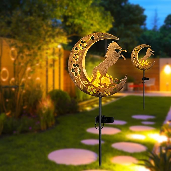 Solar Lights Outdoor Waterproof - Moon &amp Horse Landscape Lighting Weatherproof SolarGarden Stakes with 8-10H Auto On/Off Decorative Pathway Markers for Driveway/Walkway/Equestrian Farms