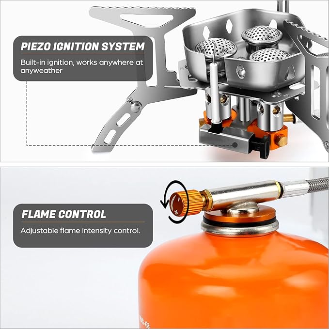 Odoland 3500W/6800W Windproof Camp Stove Camping Gas Stove with Fuel Canister Adapter Piezo Ignition Carry Case Portable Collapsible Stove Burner for Outdoor Backpacking Hiking and Picnic