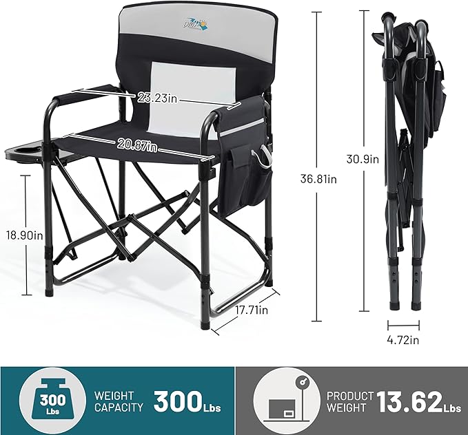 Camping Chairs for Adults Directors Chair with Side Table 1-Step Setup Mesh Backrest Folding Lawn Chairs with Pocket Foldable Camp Chair for Outdoor Picnic Sports and Fishing Black