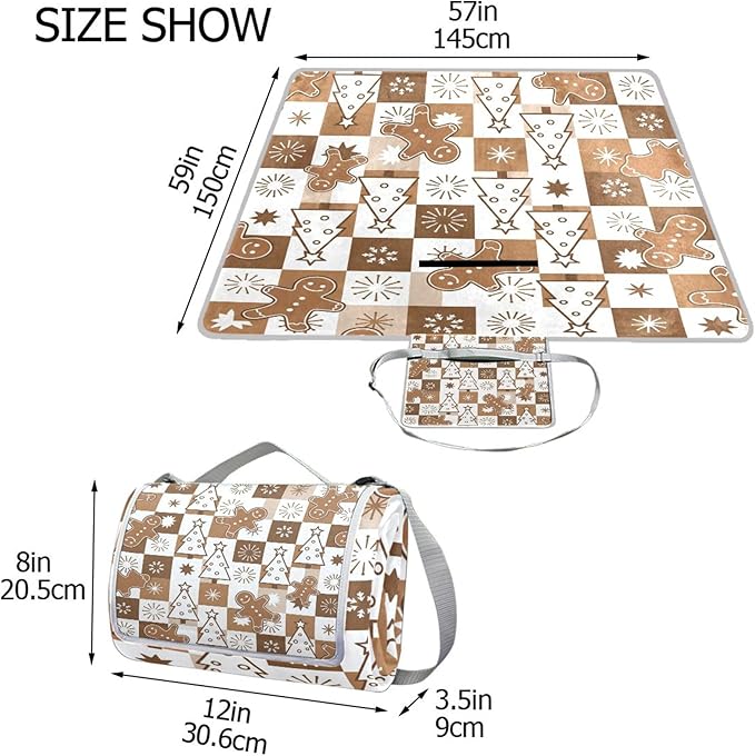 MNSRUU Picnic Blanket Waterproof Foldable Gingerbread Men and Christmas Large Outdoor Picnic Beach Camping Blanket Travel Mat Shoulder Strap Tote Rectangle 57x59in