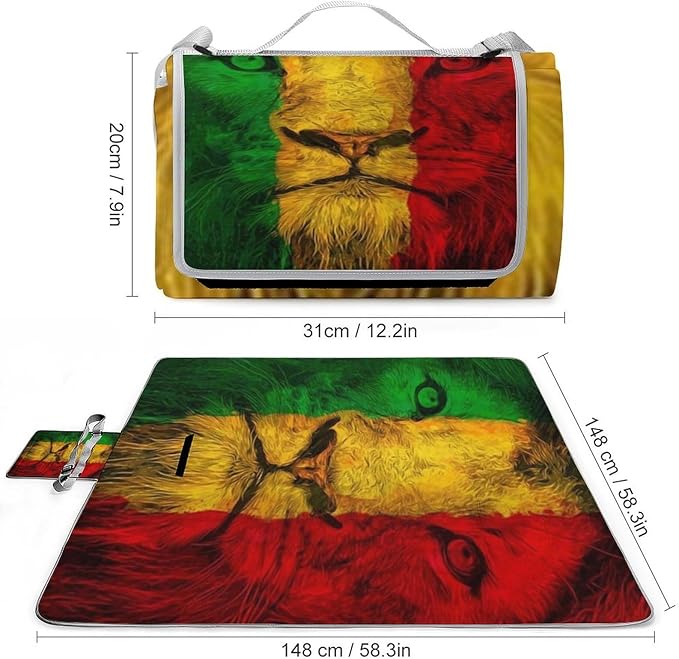 Lion of Judah Rasta Reggae Art Waterproof Outdoor Picnic Blanket Sandproof Beach Mat for Camping Hiking Grass Travelling