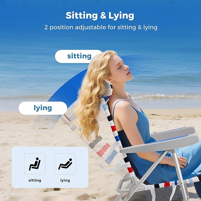 SUNNYFEEL Portable Beach Chair High Back Folding Beach Chair Lightweight Camp Chair with Reclining Position Backpack Lounger for Beach Camping Lawn Outdoor Red Blue White Striped