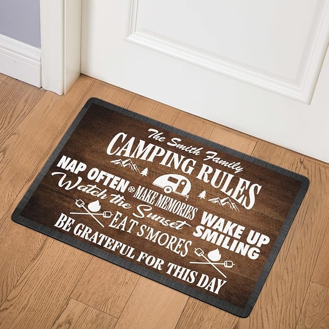Personalized Camping Rules Welcome Doormat - Custom Family Name and RV Door Mat Accessories for Inside Outside Funny Campsite Decorations for Travel Trailers Style 01