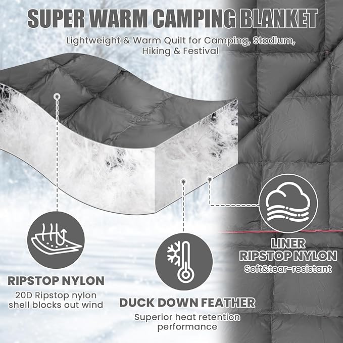 Upgraded Hooded Down Camping Blanket Waterproof 650 Fill Puffy Poncho Blanket 77 x 50 Packable Wearable Sleeping Bag with Detachable Hat Outdoor Stadium Camping 1.36 lb(Grey)