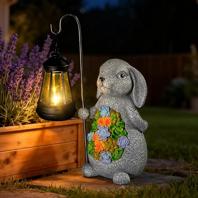 Solar Rabbit Garden Statue with Lantern – Waterproof Resin Outdoor Decor for Yard Lawn Patio Garden – Gift for Easter Christmas Housewarming – Solar Garden Decor