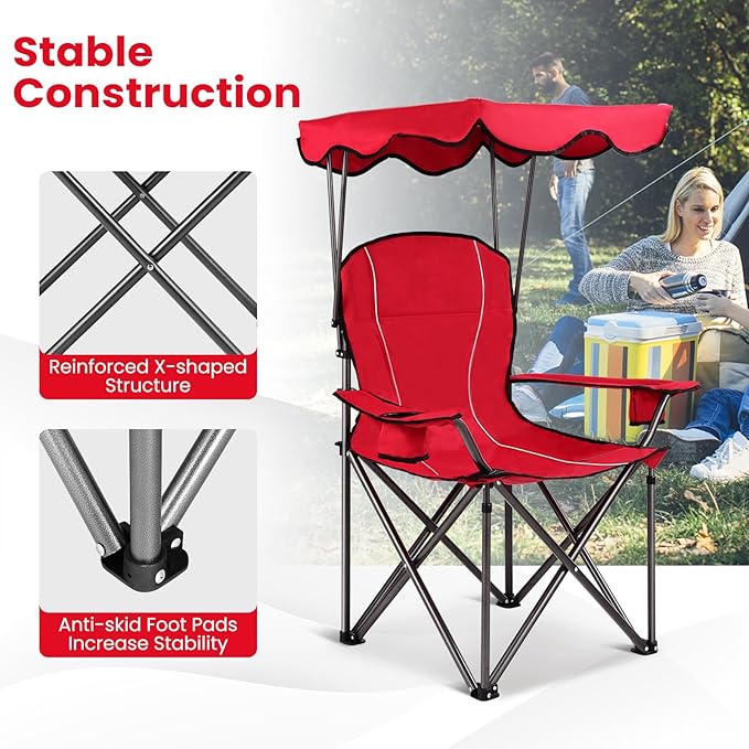 KOTEK Camping Chair with Canopy Portable Canopy Chair with Shade Cup Holder &amp Carry Bag Outdoor Folding Chairs for Sports Events Fishing Beach Picnic Hiking Travel (Red)