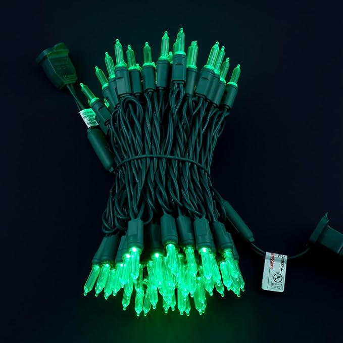 100 Green One-Piece LED Christmas Lights 33 ft Green Cord High Waterproof UL Certified T5 Outdoor String Lights
