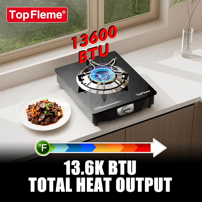 1 Burner Propane Stove 13600 BTU High-Efficiency Tempered Glass Auto-Ignition Gas Burner Stove Top with CSA Hose for Outdoor RV Camping Emergency Cooking