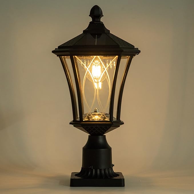 LUTEC Outdoor Solar Lamp Post Light with Pier Mount Base Dusk to Dawn Waterproof Pole Light Head with Patterned Glass Exterior Black Solar Powered Fence Post Light Fixtures for Outside