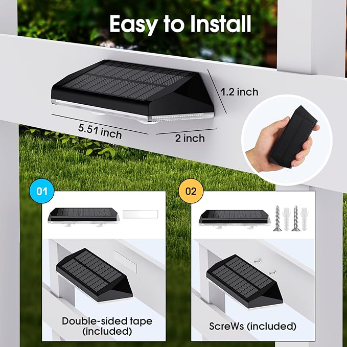 Solar Fence Lights Outdoor 3 Modes Warm/Neutral/Cool White Fence Lights Solar Powered for Outside IP65 Waterproof 60 Lumens Solar Light for Step Pathway Garden Deck Stairs - 12 Pack