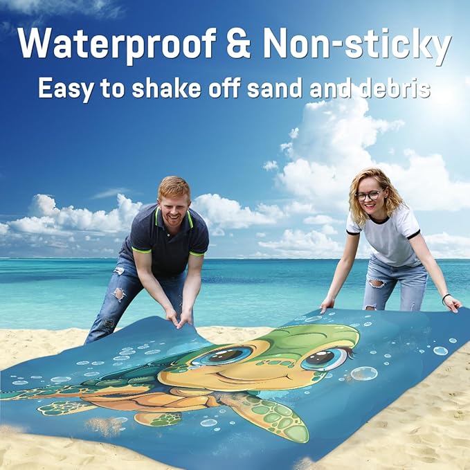 Waterproof Sandproof Beach Blanket 59''×68'' Turtle Polyester Outdoor Picnic Blanket with 4 Stakes &amp Storage Bag for BeachCampingVacation Lake Blue