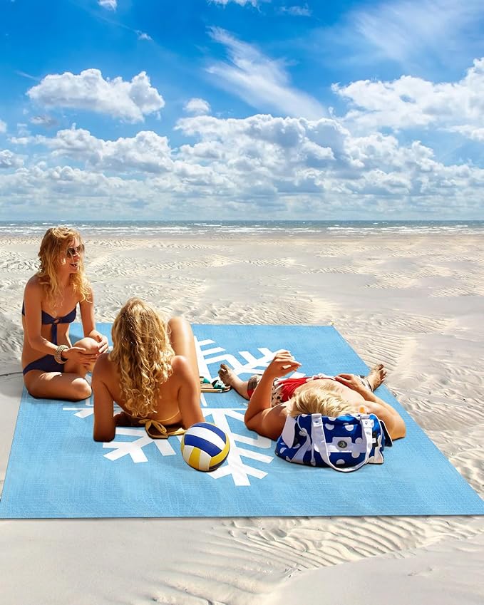 Beach Blanket Waterproof Sandproof Merry Christmas White Snowflakes Quick Drying Beach Mat with 4 Stakes Winter Snow Blue Lightweight Picnic Blanket for Travel Camping Outdoor 83x79