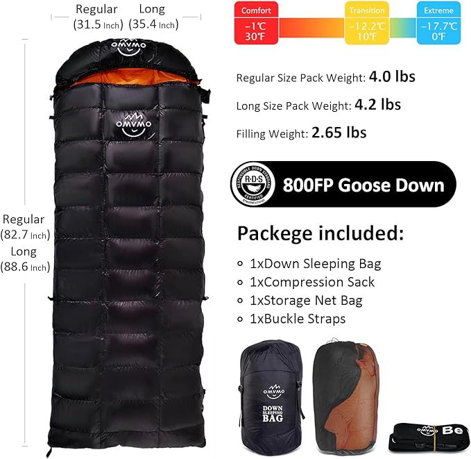 -10°F 0°F 10°F 15°F Down Sleeping Bag for Adults800/650 Fill PowerUltralight Wearable 4 Season Cold Weather Rectangle Sleeping Bag for Camping HikingCan be Used as a Down Blanket or Cloak