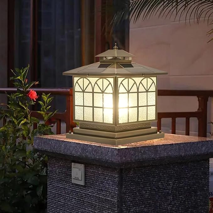 Copper Solar Outdoor Post Lights Vintage Patio Lawn Column Lamp Deck Lights Lantern Fence Lamp Fixture Luxury Landscape Lighting (Solar 12x12in Copper Brown)