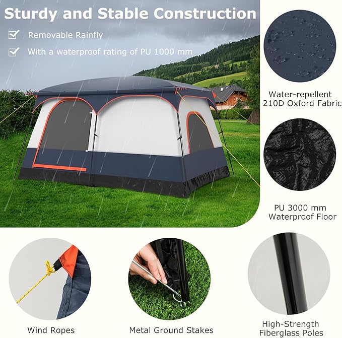 Tangkula 6/8/10-Person Camping Tent with Porch Large Family Cabin Tent with 2 Rooms 2 Doors 2 Mesh Windows Removable Rainfly Carrying Bag Double Layer Tents for Camping Picnic Outdoor