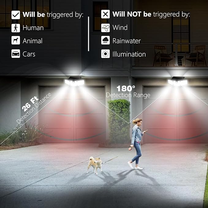 AmeriTop Solar Lights Outdoor 2 Pack 233 LED High Brightness Cordless Solar Motion Sensor Lights 3 Adjustable Heads 270° Wide Angle Illumination IP65 Waterproof Security LED Flood Light(Daylight)