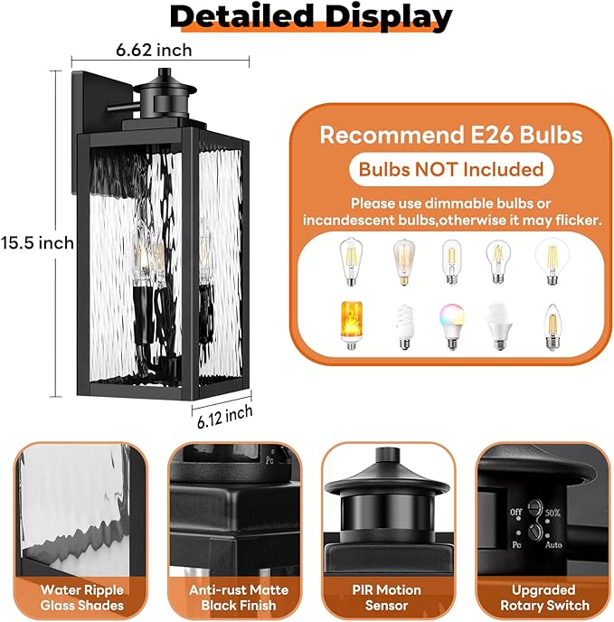 Large Motion Sensor Outdoor Wall Light Black Exterior Wall Sconce Light Fixtures with Water-Rippled Glass Waterproof Modern Outside Wall Lantern for House Porch Patio Garage Bulbs Not Included