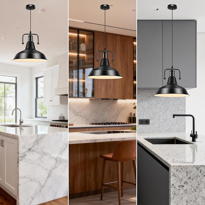 3PCS Farmhouse Pendant Light for Kitchen Island Black Pendant Lights Fixtures with Metal Shade Industrial Barn Hanging Lights for Hallway Kitchen Sink Dining Room Living Room（Bulb not Included）