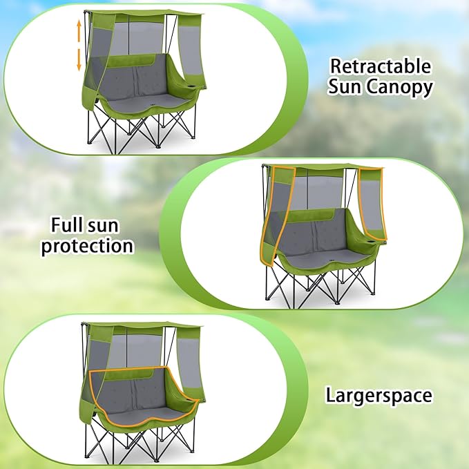 Double Camping Chair with Canopy Shade 660lbs Heavy Duty Beach Chair Portable Folding 2 Person Camping Loveseat with Cup Holder and Storage Bag for Lawn Beach Outdoor Sport(Geen and Grey)