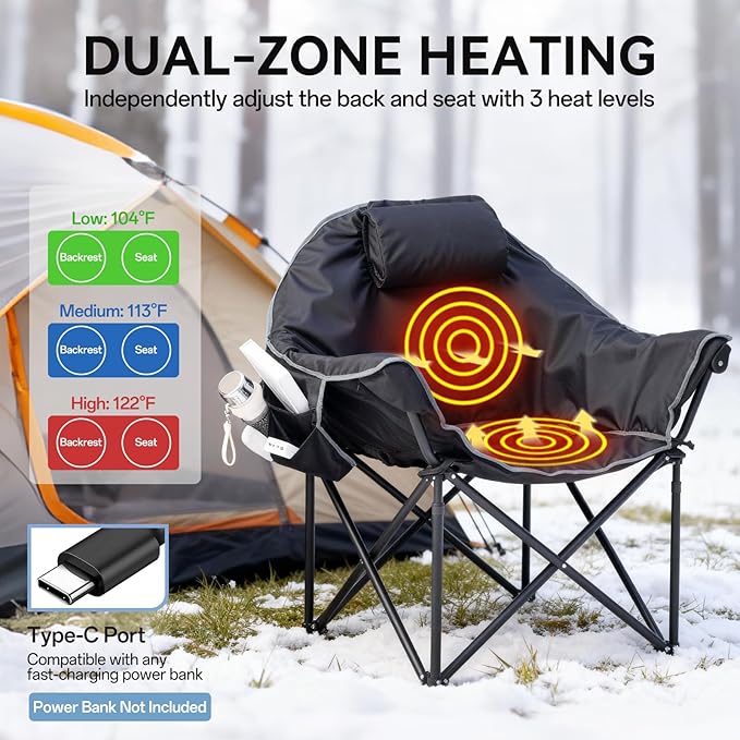 Oversized Heated Camping Chair Folding Heated Outdoor Chair with Back &amp Seat Heating Heavy Duty Support 400 lbs Portable Heated Camp Chair for PatioTailgating Picnic Battery NOT Included Bl
