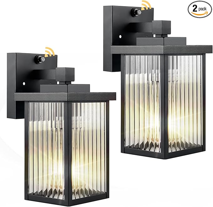 2 Pack Dusk to Dawn Outdoor Lighting Modern Wall Sconce with Textured Glass Waterproof IP65 Exterior Light Fixture Soft Glow Warm Ambiance for Front Door Porch Garage 10.6 Inch Height Black