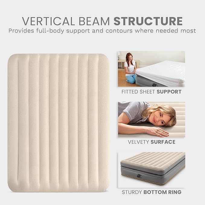 Intex Dura Beam Plus Prime Comfort Fiber-Tech Elevated Technology Home Air Mattress Bed with Electric Built-In Pump Queen