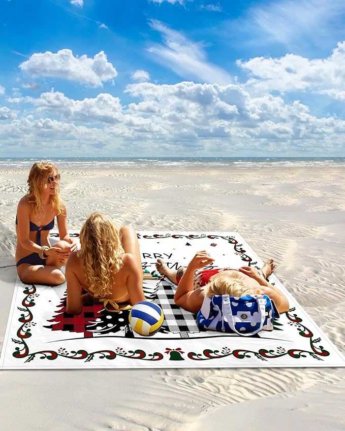 Beach Blanket Waterproof Sandproof Merry Christmas Xmas Tree Quick Drying Beach Mat with 4 Stakes Winter Snowflakes Holly Berries on White Lightweight Picnic Blanket for Travel Camping 95x80