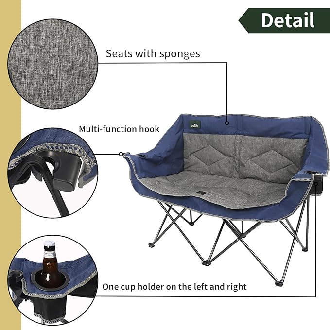 Northroad Folding Loveseat Camping Chair Portable Double Duo Full Padded Garden Chair for 2 Person Sofa w/ 2 Cup HolderWine Glass HolderMesh StorageSupport 500lbs for Picnic Beach Travel(Blue)